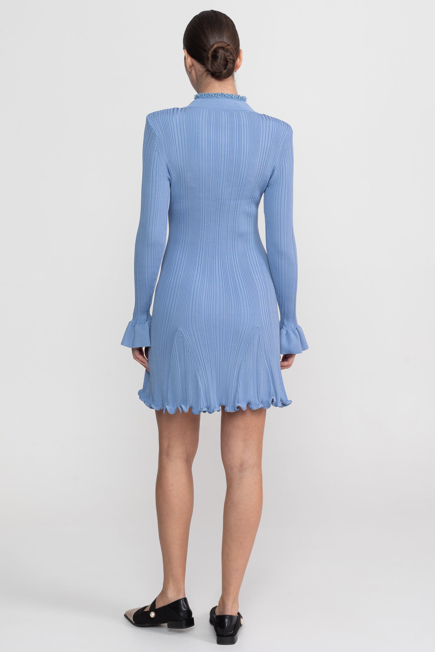 Ribbed Knit Mini Dress With Beaded Trim Detailing - Blue