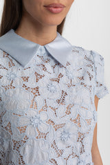 Floral Lace Mini Dress with Satin Collar – Light Blue