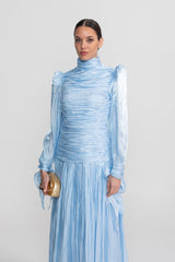Ruched Long Sleeve Maxi Dress With Pleated Skirt - Sky Blue