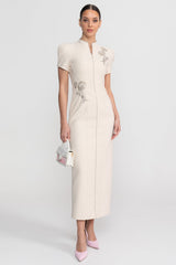 Short Sleeve Midi Dress With High Split Neckline And Sparkling Embellishments - Ivoire