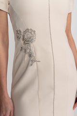 Short Sleeve Midi Dress With High Split Neckline And Sparkling Embellishments - Ivoire