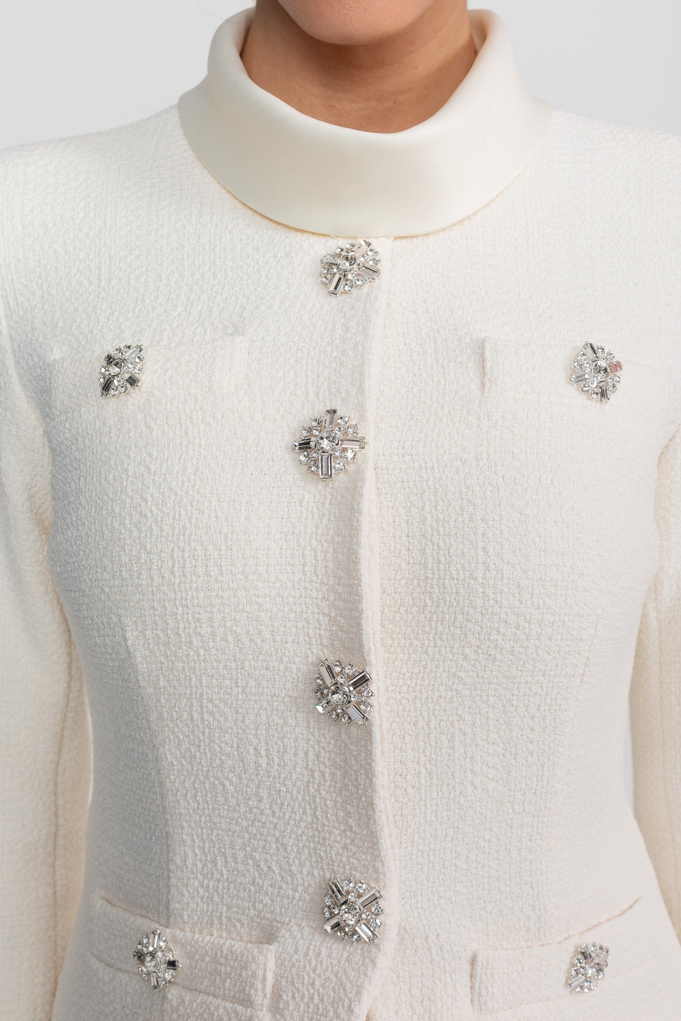 Textured Co-Ord Set With High Neck Jacket And Crystal Button Detail - White