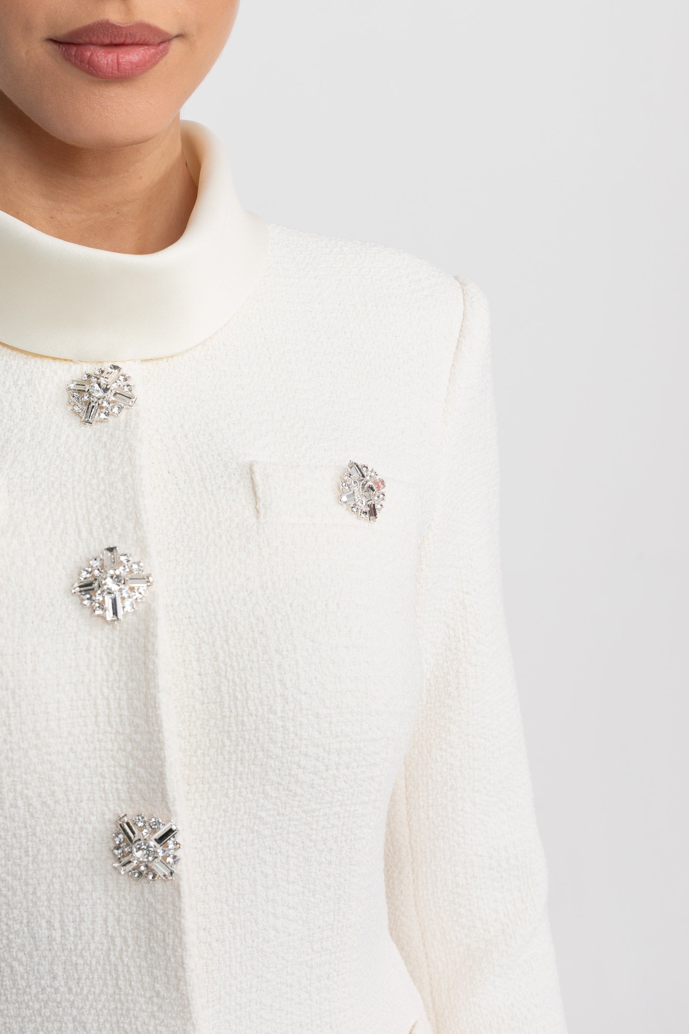 Textured Co-Ord Set With High Neck Jacket And Crystal Button Detail - White