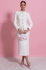 Textured Co-Ord Set With High Neck Jacket And Crystal Button Detail - White