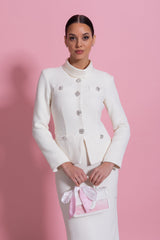 Textured Co-Ord Set With High Neck Jacket And Crystal Button Detail - White