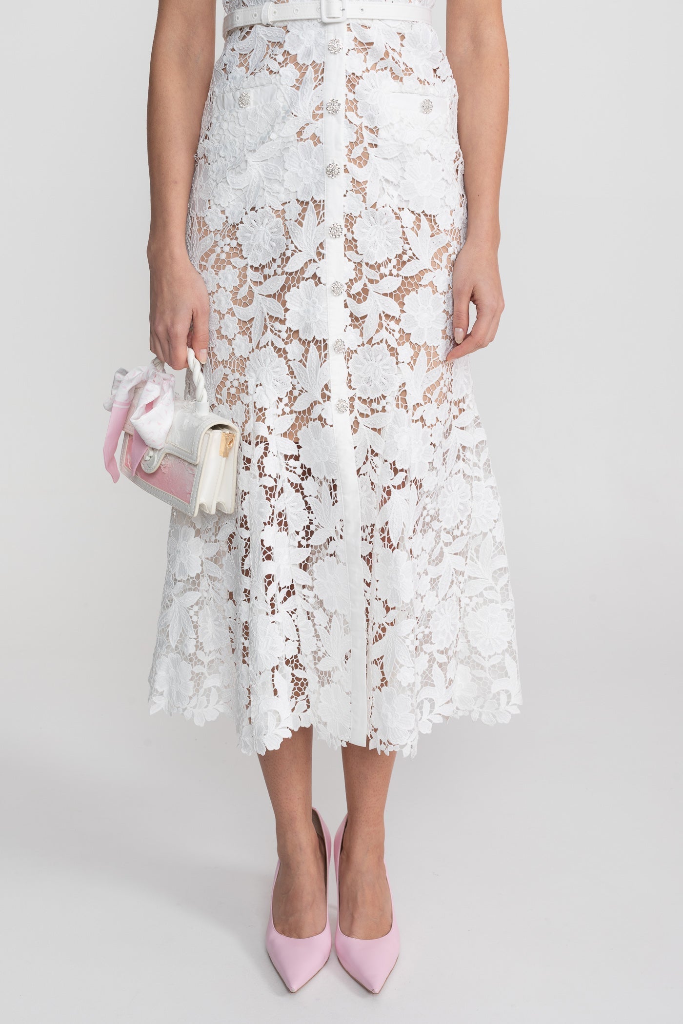 Lace Short Sleeve Midi Dress With Collared Neckline And Belted Waist - White