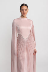 Long Sleeve Maxi Dress With Draped Overlay And Crystal Waist Trim - Blush Pink