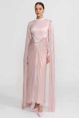 Long Sleeve Maxi Dress With Draped Overlay And Crystal Waist Trim - Blush Pink