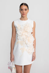 Sleeveless Mini Dress With Round Neckline And 3D Floral Appliqué - White