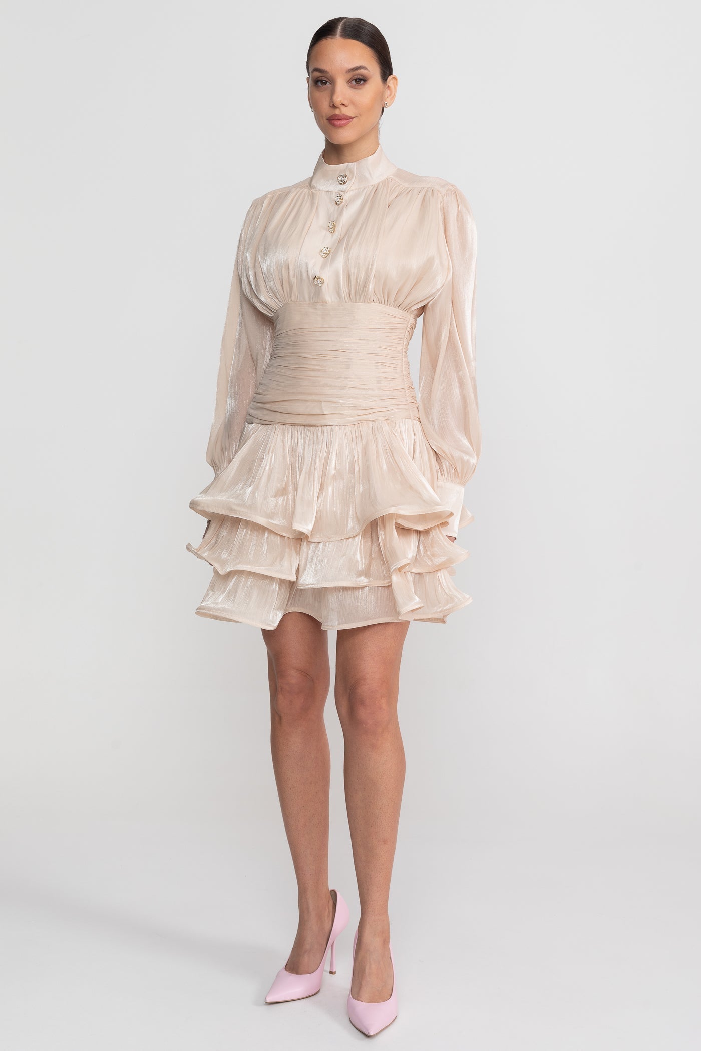 Draped Long Sleeve Mini Dress With Tiered Ruffle Skirt - Champagne