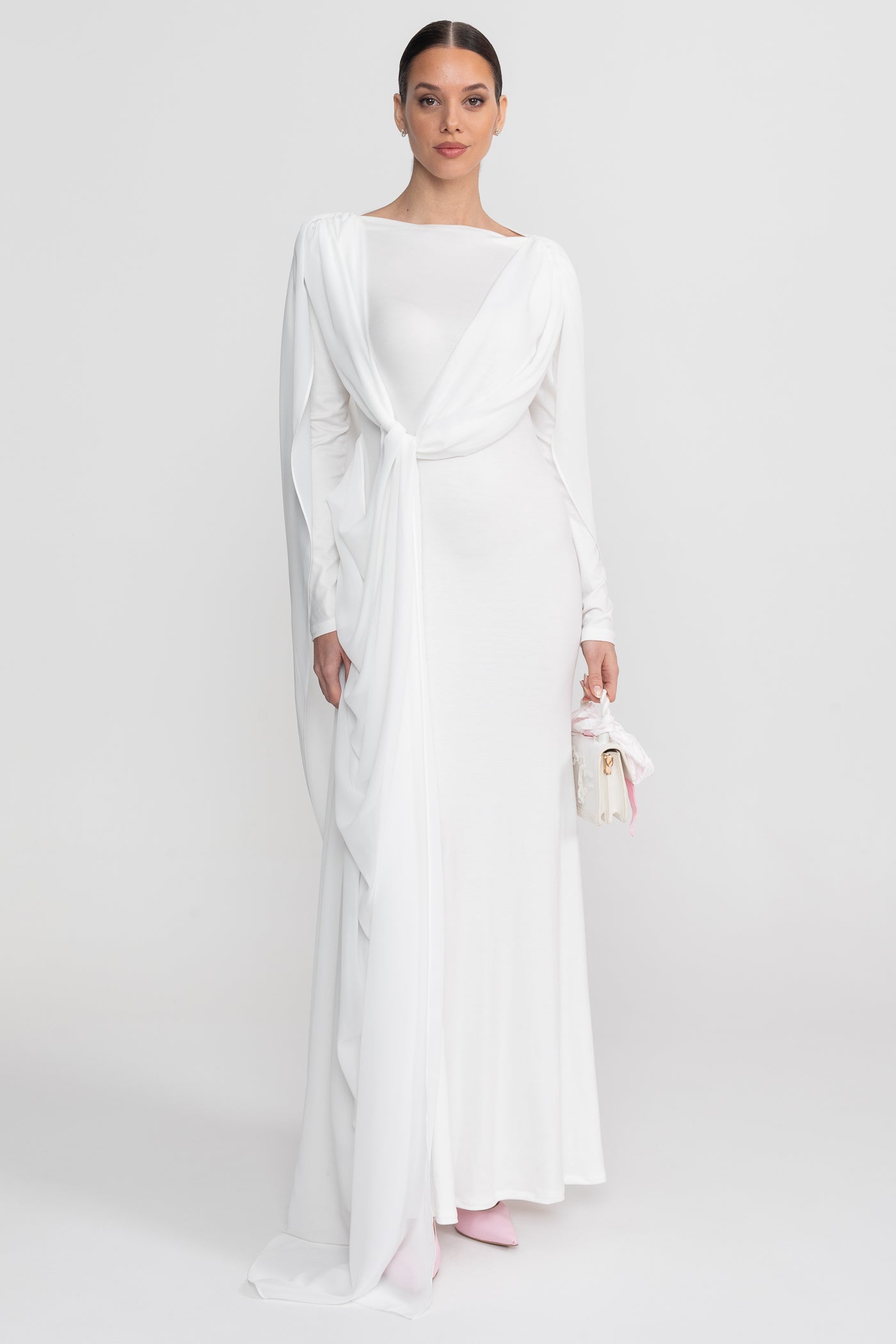 Draped Long Sleeve Maxi Dress With Cape Overlay With Knot Front Detail  - White