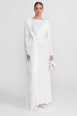 Draped Long Sleeve Maxi Dress With Cape Overlay With Knot Front Detail  - White
