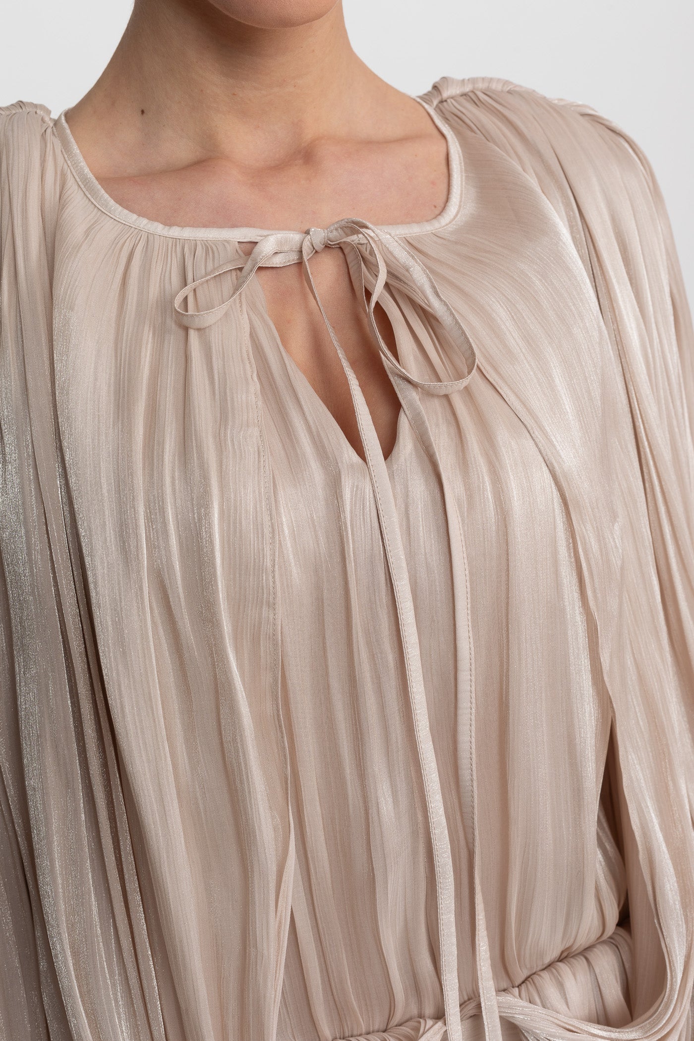 Draped Long Sleeve Mini Dress With Batwing Sleeves - Champagne