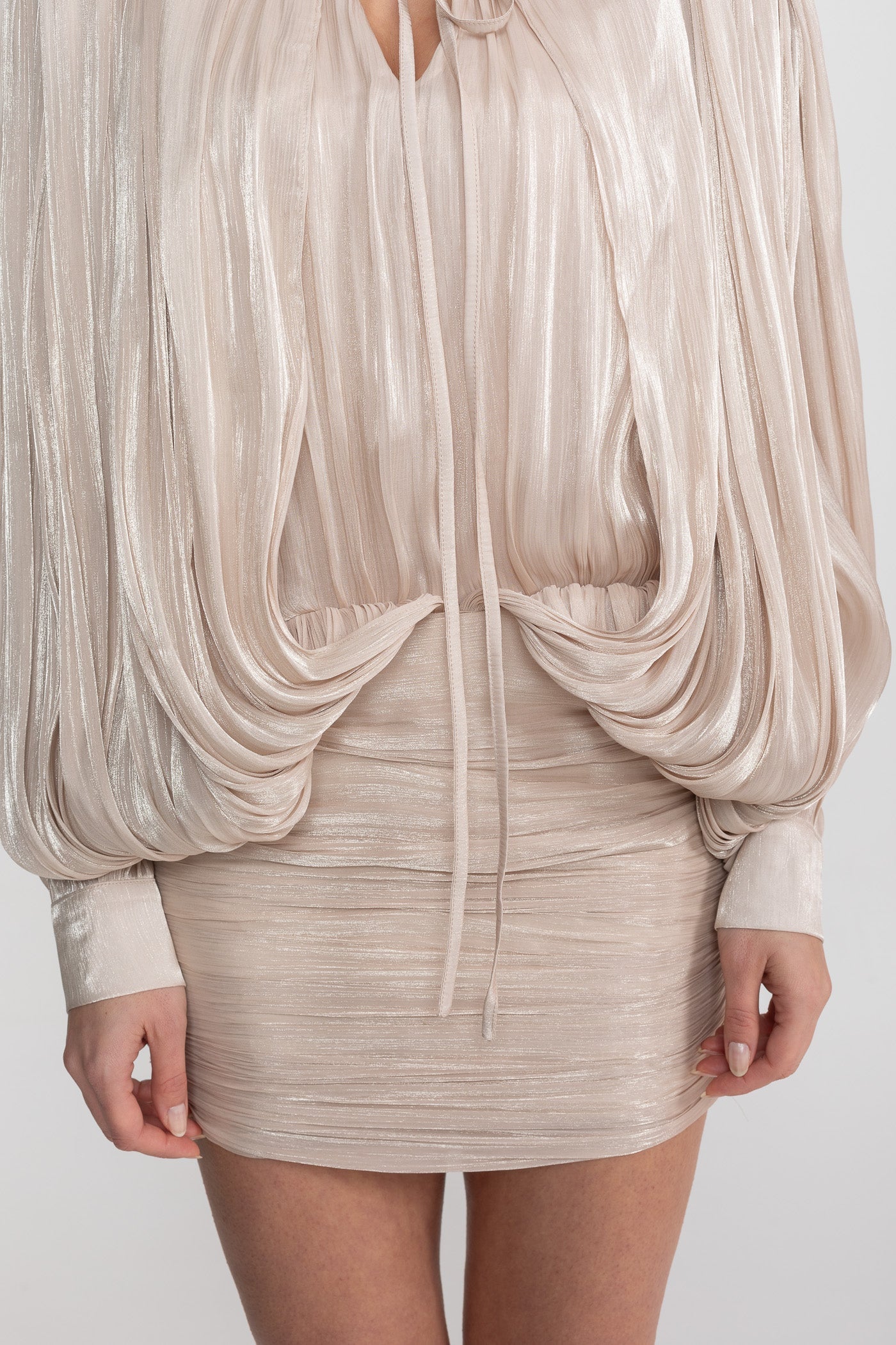 Draped Long Sleeve Mini Dress With Batwing Sleeves - Champagne