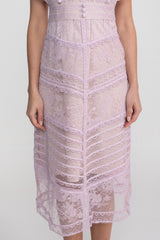 Lace Cap Sleeve Midi Dress With Scalloped Trims And Pearl Button Detail - Lilac