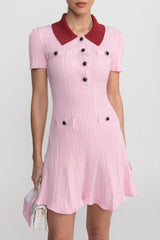 Ribbed Short Sleeve Mini Dress With Contrast Collar And Button Front Detail - Blush Pink