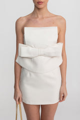 Strapless Mini Dress With Oversized Bow Waist And Peplum Overlay - White