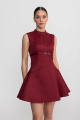 Sleeveless Mini Dress With High Neckline And Buckled Belted Waist - Burgundy