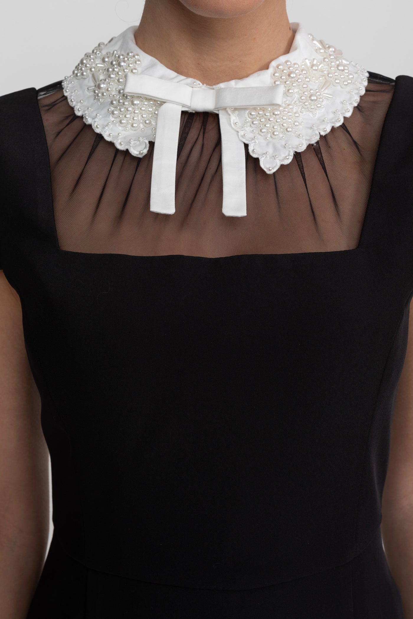 Cap Sleeve Midi Dress With Lace Collar Tie Detail - Black