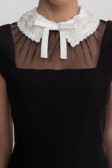 Cap Sleeve Midi Dress With Lace Collar Tie Detail - Black