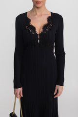 Ribbed Long Sleeve Midi Dress With Lace-Trim V-Neckline - Black