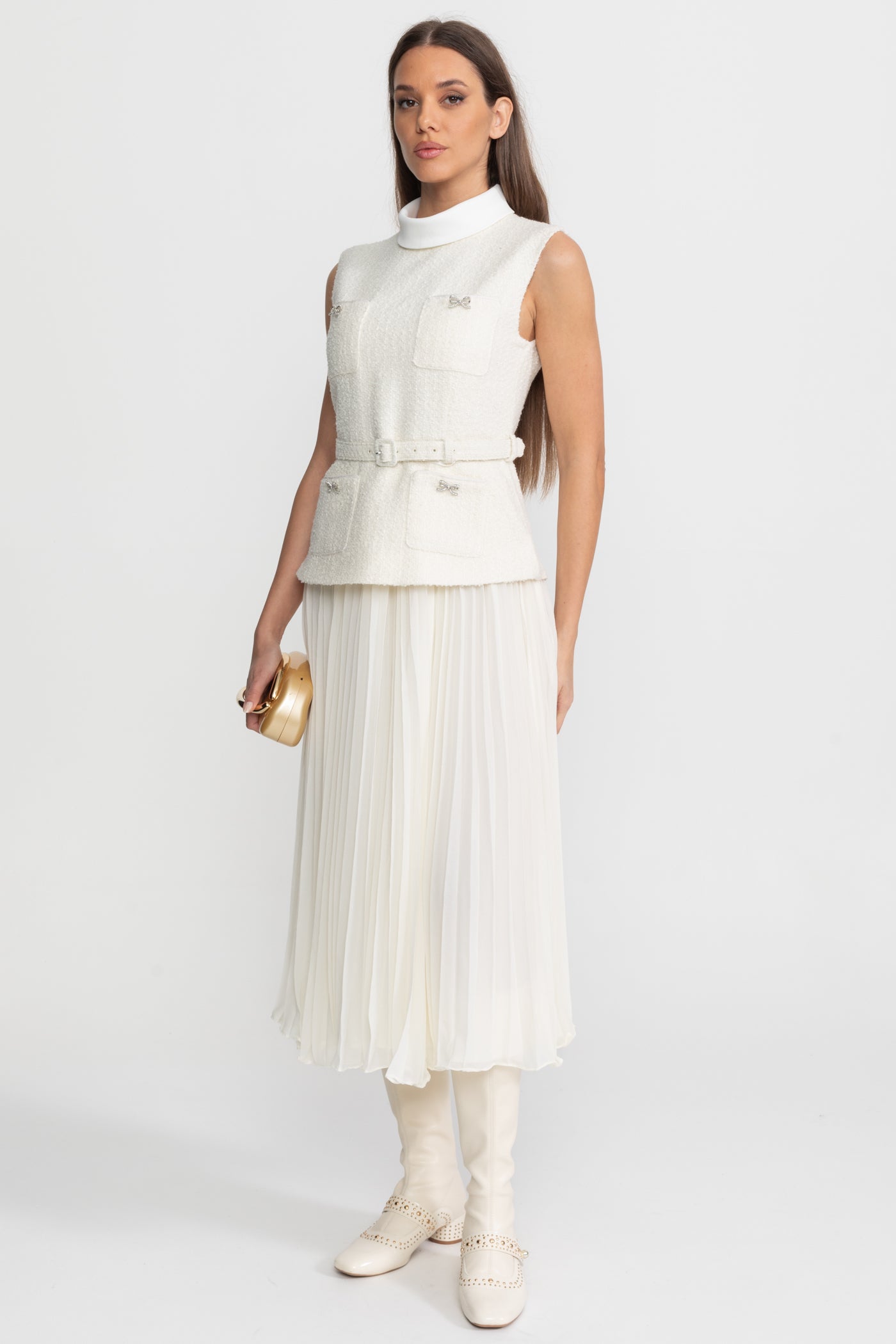 Sleeveless Textured Midi Dress with Pleated Chiffon Skirt – Ivoire