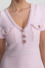 Textured Short Sleeve Mini Dress With V-Neckline And Jewel Buttons - Pink