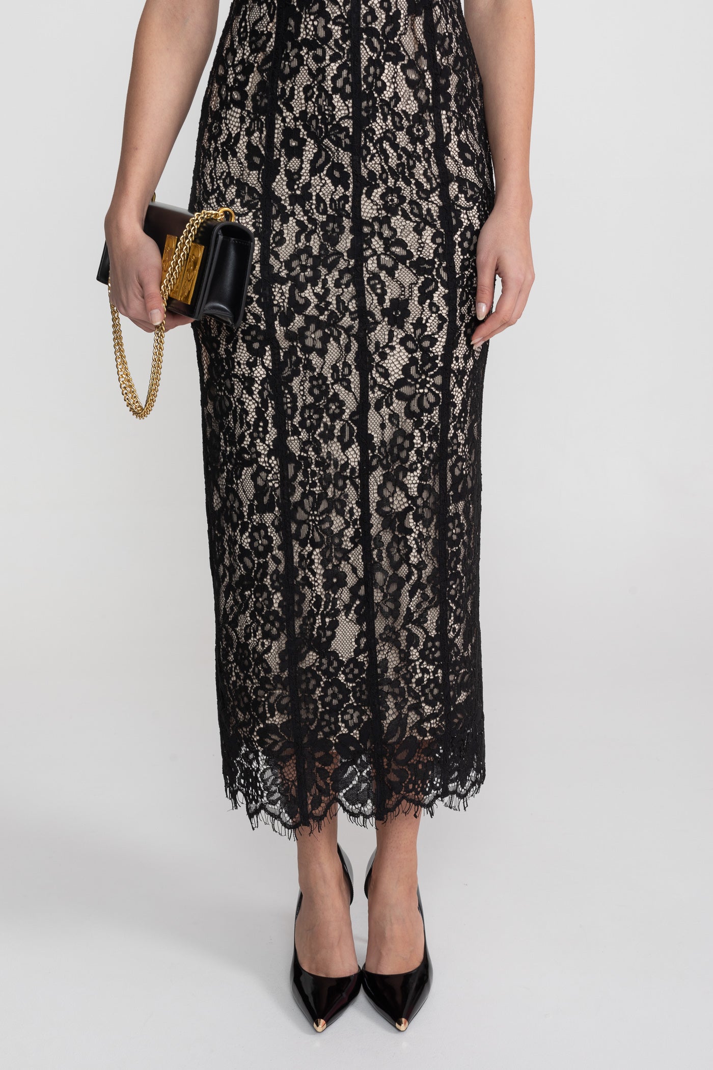 Lace Midi Dress With Sheer Corset Bodice - Black