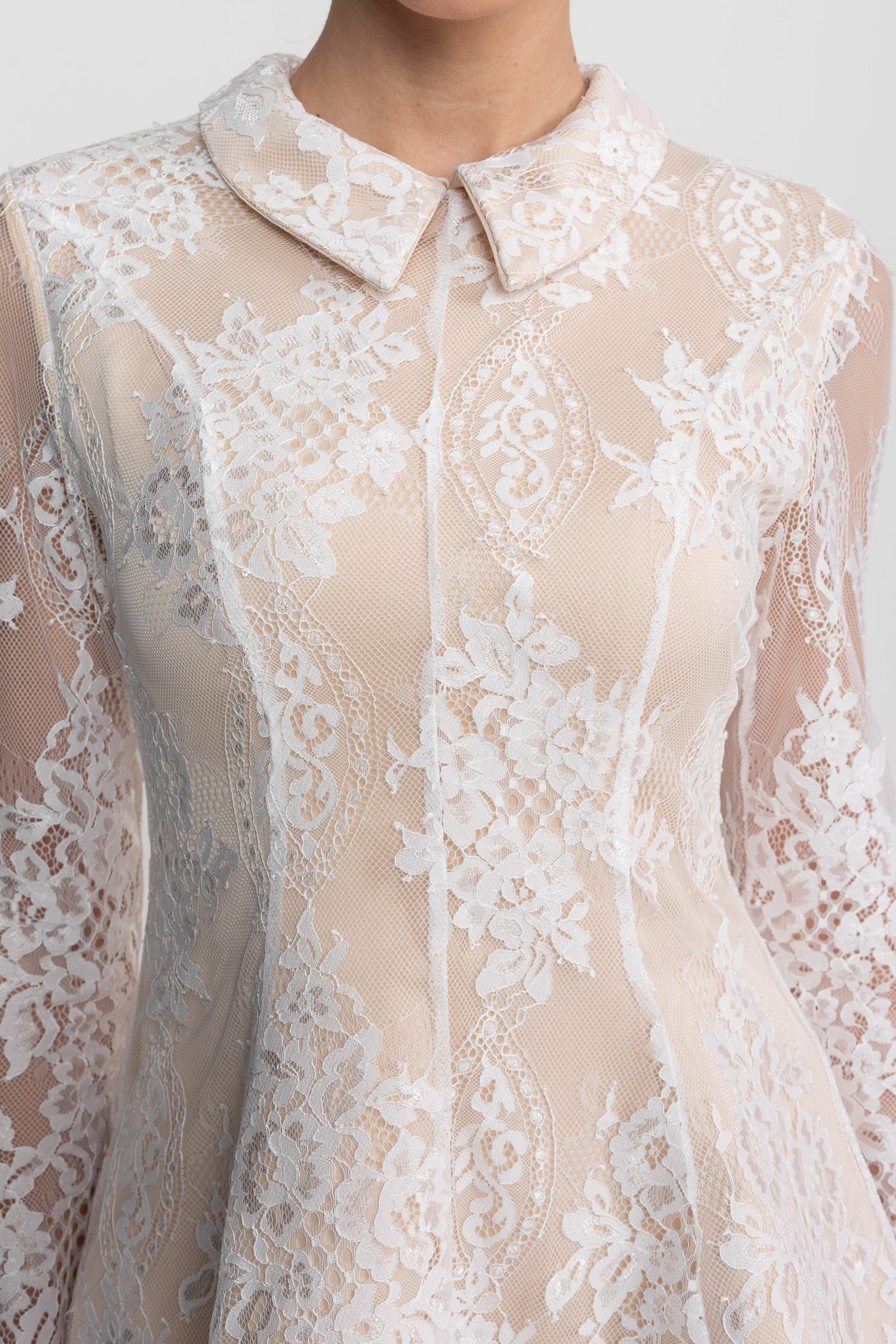 Long Sleeve Lace Mini Dress With Collared Neckline With Sheer Overlay - Ivoire