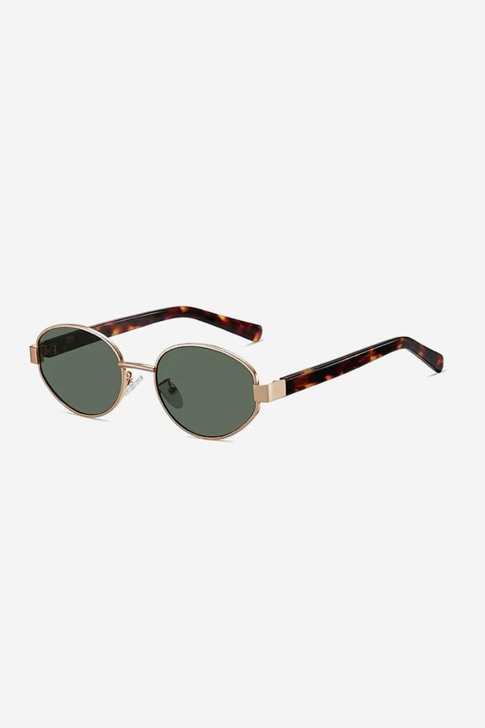 Vintage-Inspired Oval Sunglasses with Slim Gold Frame and Bold Acetate Temples – Green